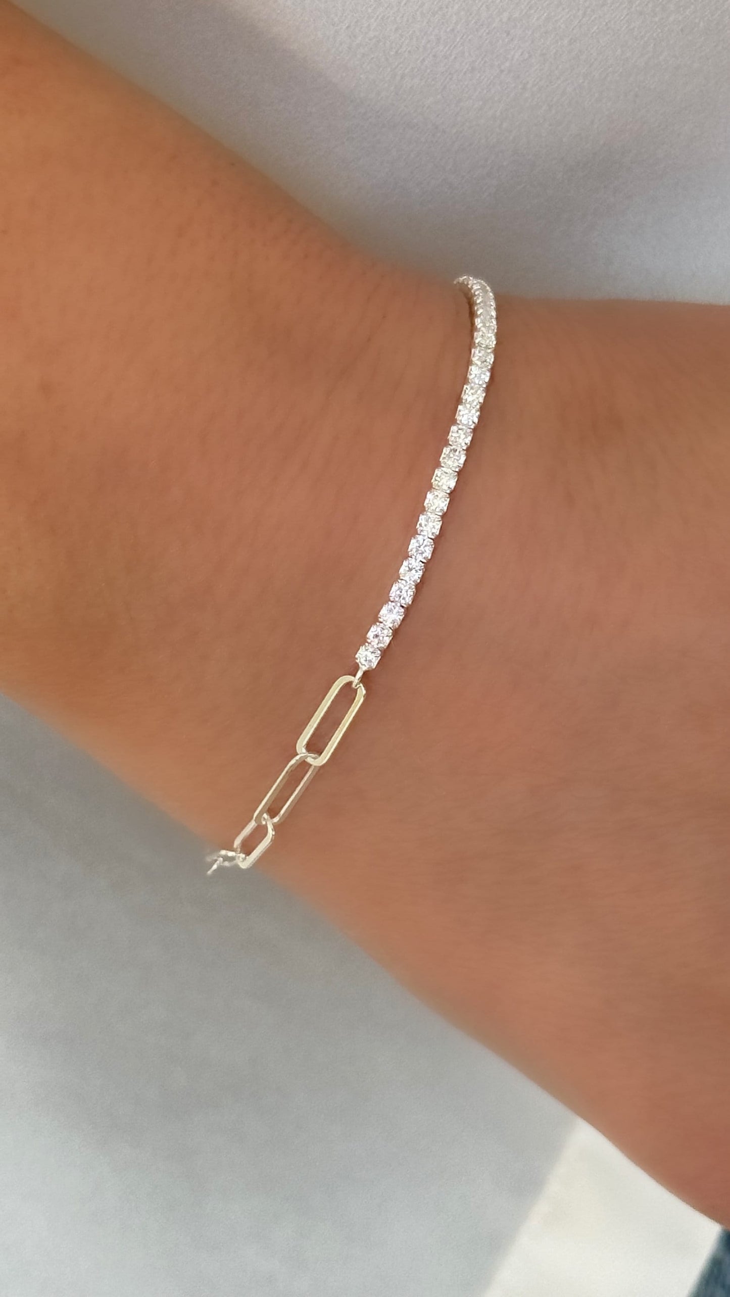 Half tennis half paperclip bracelet, CZ Tennis Bracelet, Diamond Bracelet, Link Chain Bracelet, Tennis Jewelry, 925 Silver, Gift for her