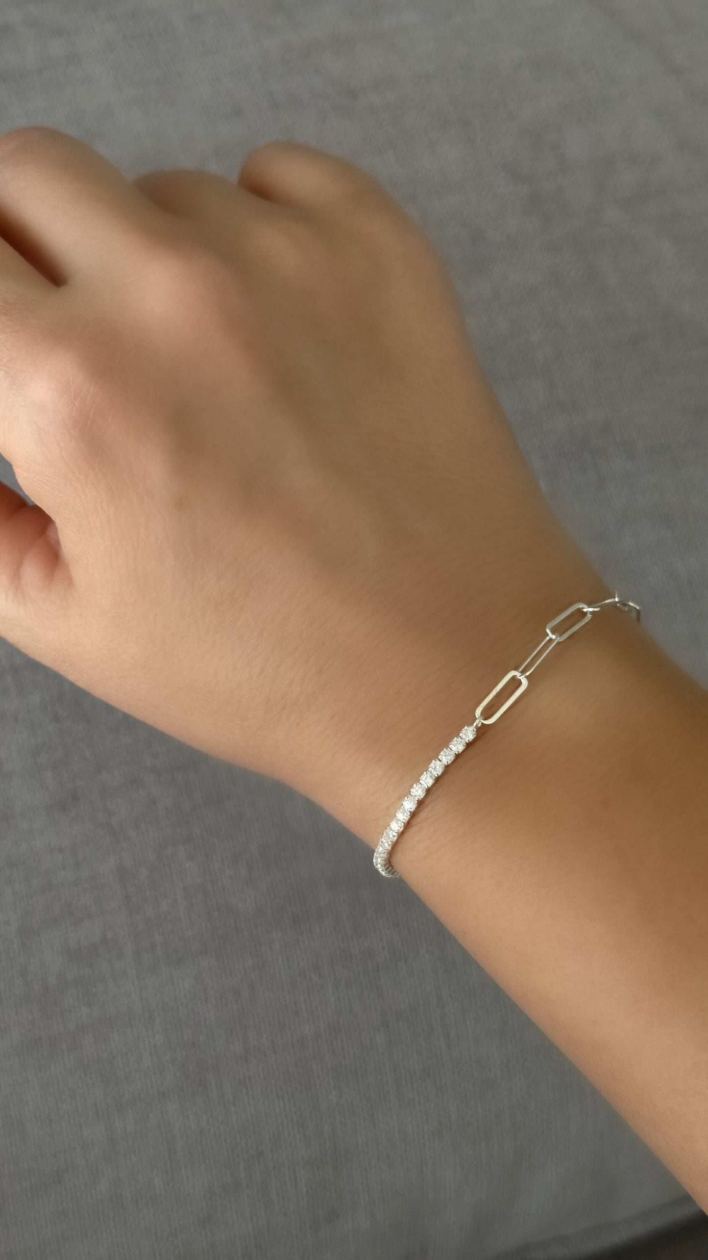 Half tennis half paperclip bracelet, CZ Tennis Bracelet, Diamond Bracelet, Link Chain Bracelet, Tennis Jewelry, 925 Silver, Gift for her