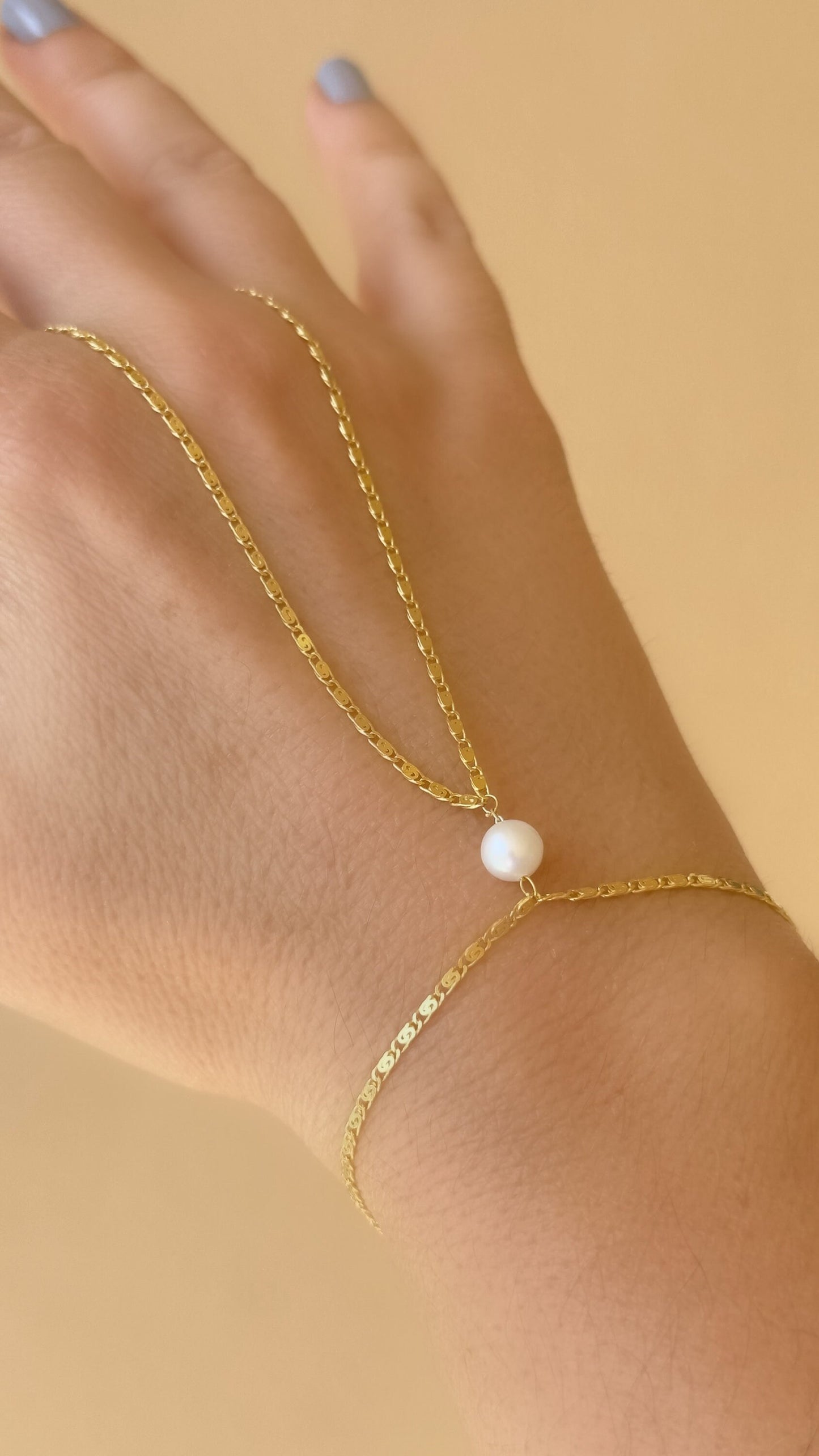 Pearl Hand Chain, Hand Chain Bracelet, Slave Bracelet, Ring Bracelet, Pearl Jewelry, Gift for Woman, 925 Silver, 14k Gold , 14K Rose Gold