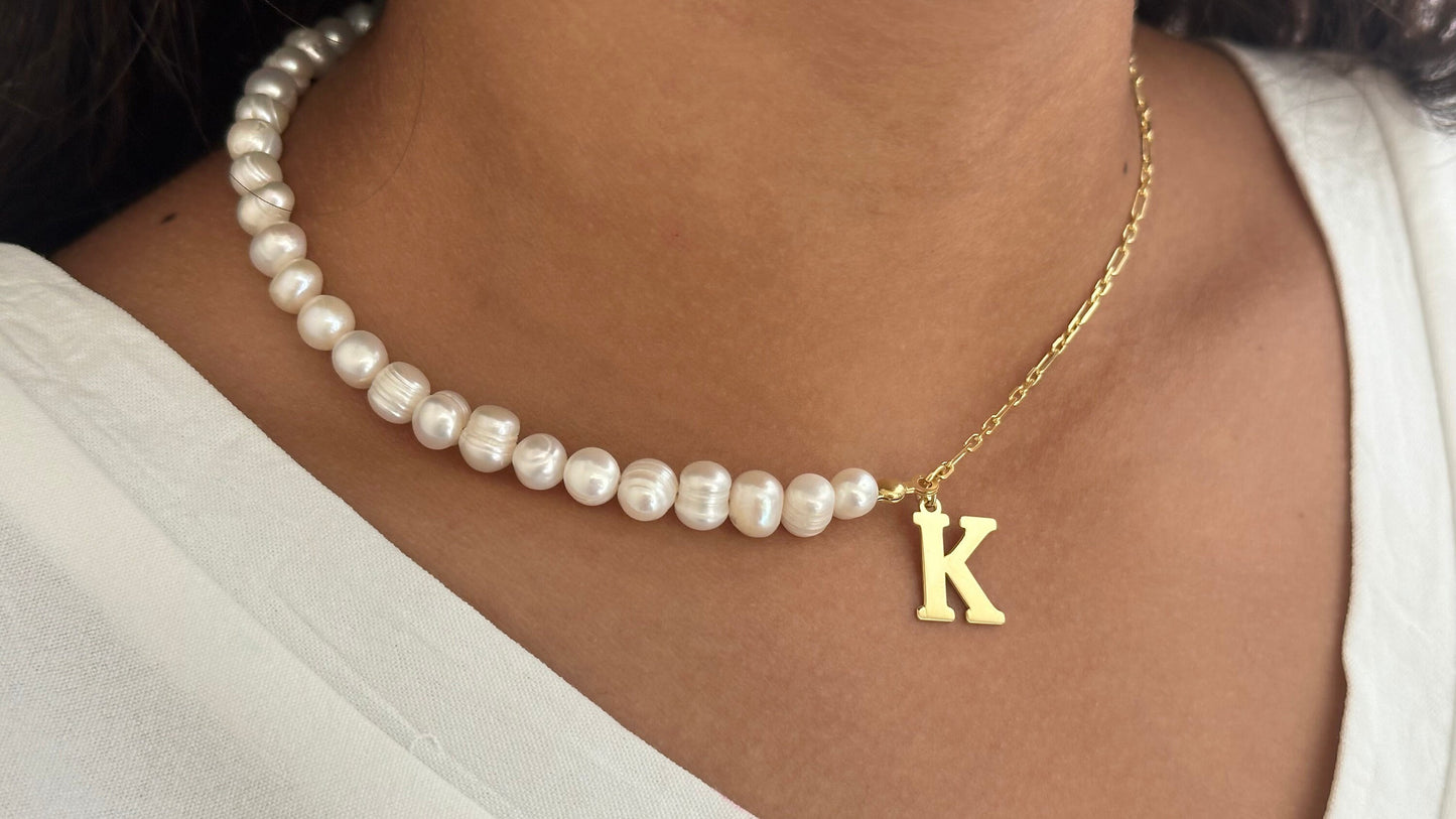 Pearl Name Necklace, Half Pearl Half Chain, Initial Pearl Necklace, Pearl Choker, Personalized Gift, Gift for her, 925 Sterling Silver