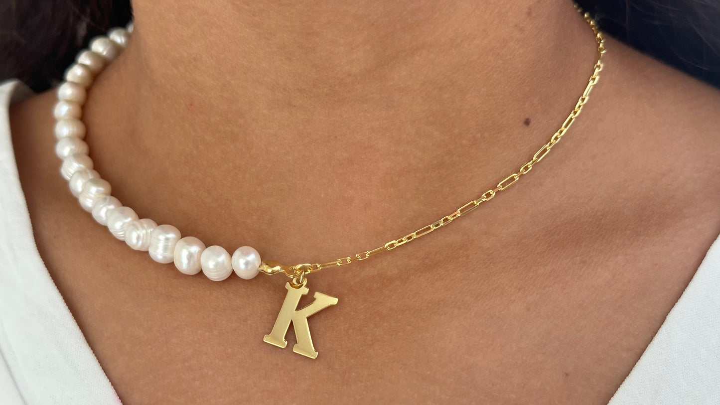 Pearl Name Necklace, Half Pearl Half Chain, Initial Pearl Necklace, Pearl Choker, Personalized Gift, Gift for her, 925 Sterling Silver