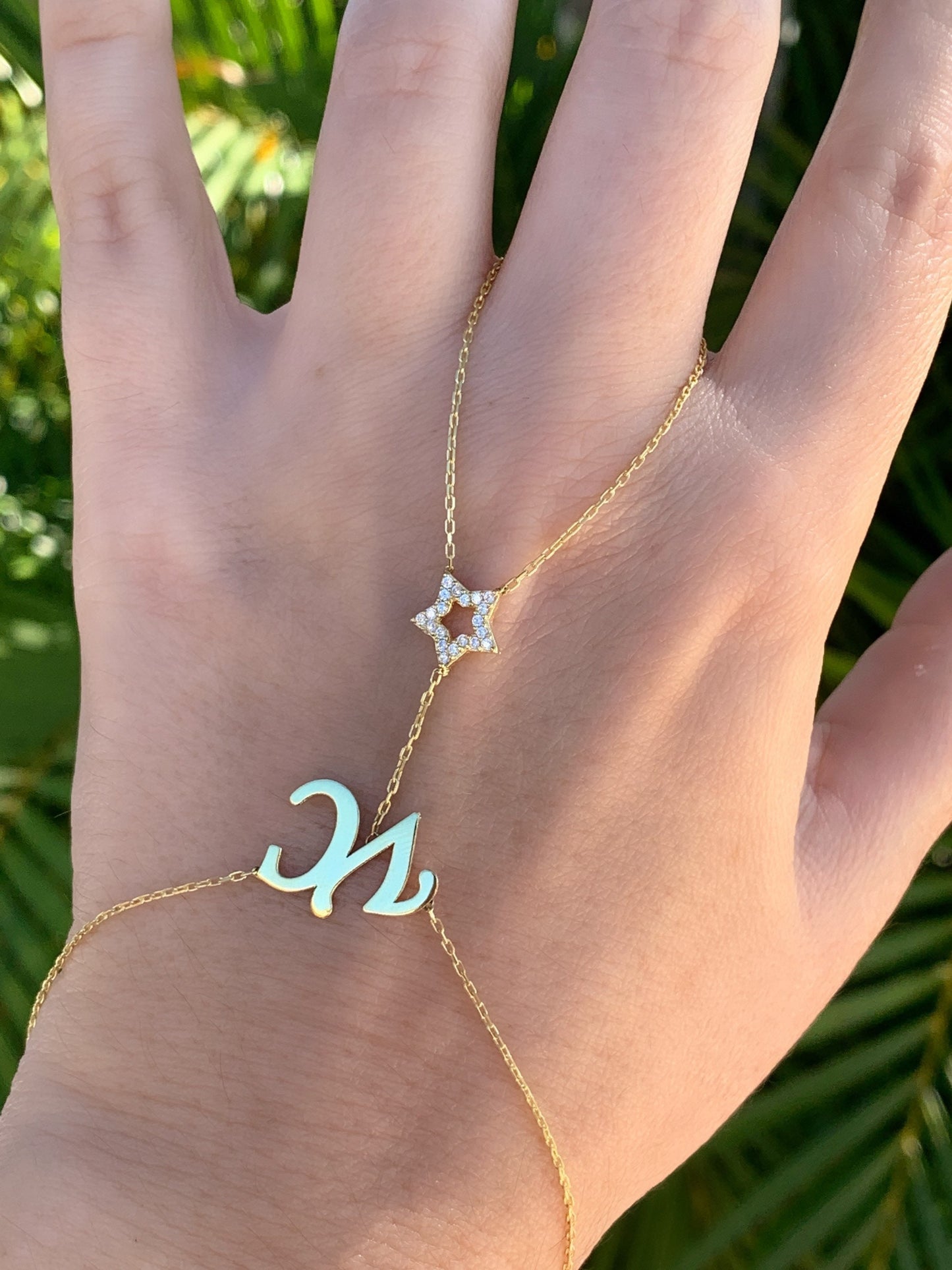 Custom Hand Chain Named bracelet with CZ stone, Personalized Initial Hand Bracelet, Name Ring Slave Bracelet, Personalized Gifts for her