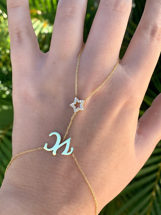 Custom Hand Chain Named bracelet with CZ stone, Personalized Initial Hand Bracelet, Name Ring Slave Bracelet, Personalized Gifts for her
