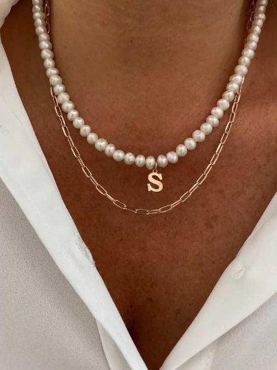 Layered Pearl Necklace, Initial Pearl Necklace, Multi Strand Pearl Letter Necklace, Pearl Name Necklace, Personalized gift, Custom Jewelry