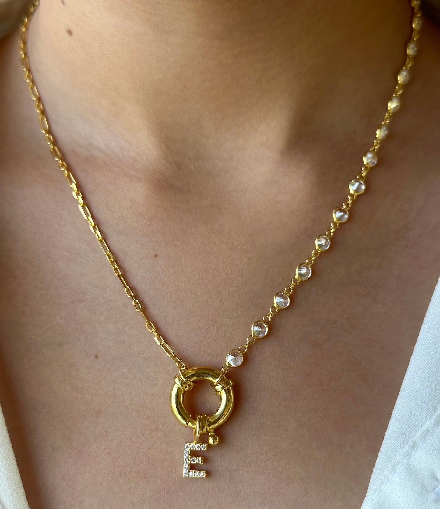 Initial Necklace Toggle Clasp, Personalized Pave letter Necklace, Half Link Chain Necklace, Personalized Gift, Initial Jewelry, Mother's Day