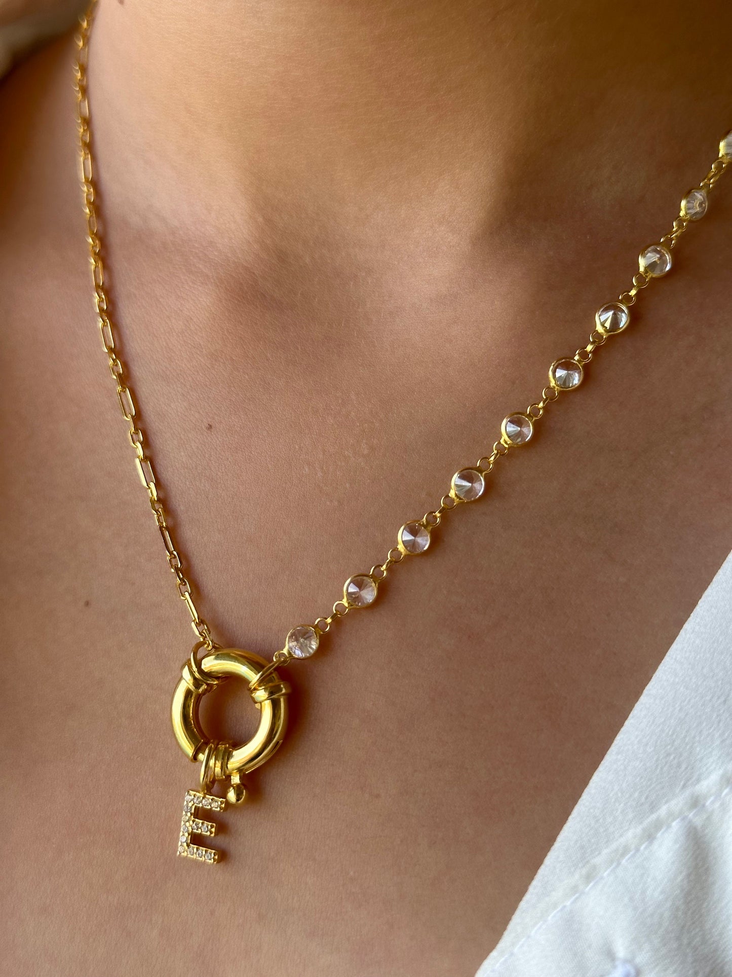 Initial Necklace Toggle Clasp, Personalized Pave letter Necklace, Half Link Chain Necklace, Personalized Gift, Initial Jewelry, Mother's Day