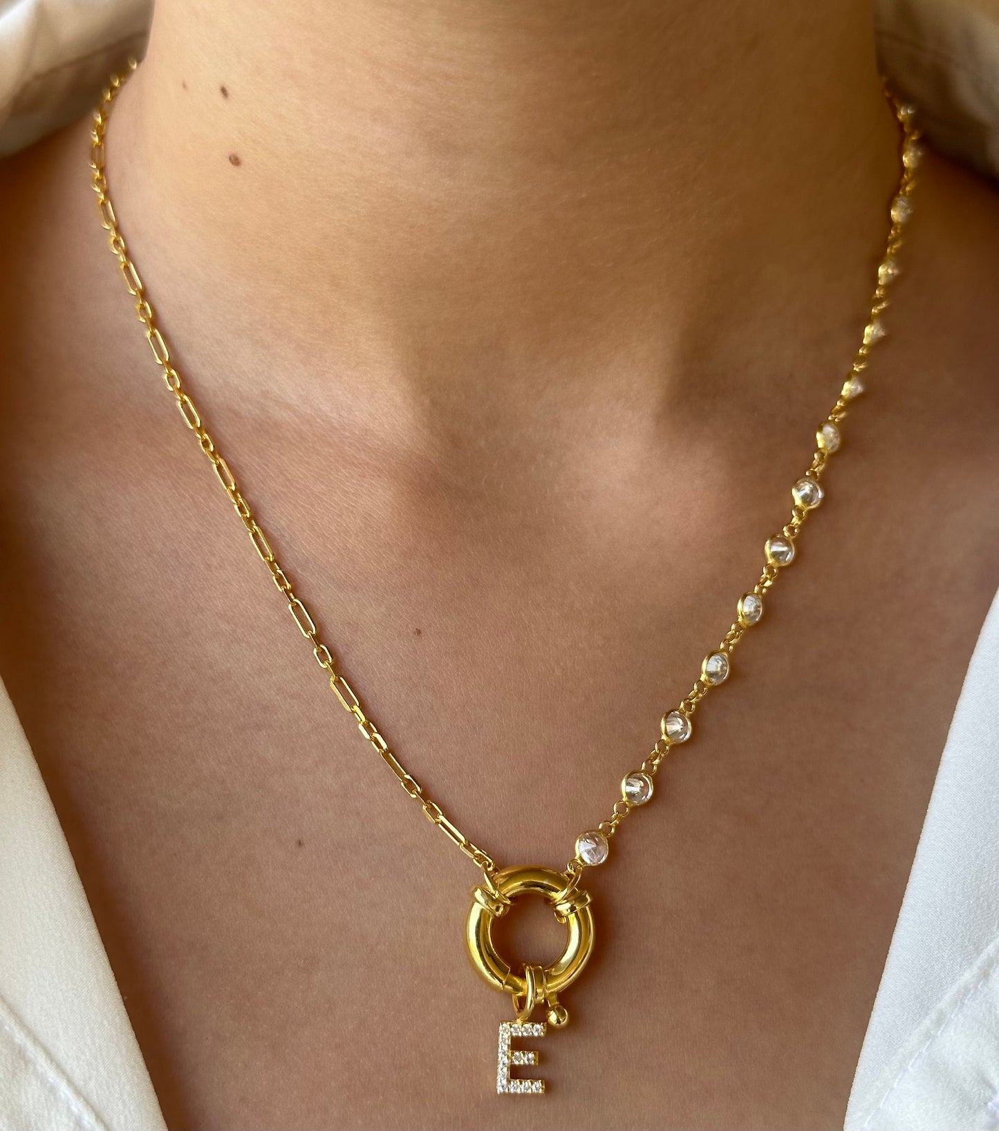 Initial Necklace Toggle Clasp, Personalized Pave letter Necklace, Half Link Chain Necklace, Personalized Gift, Initial Jewelry, Mother's Day
