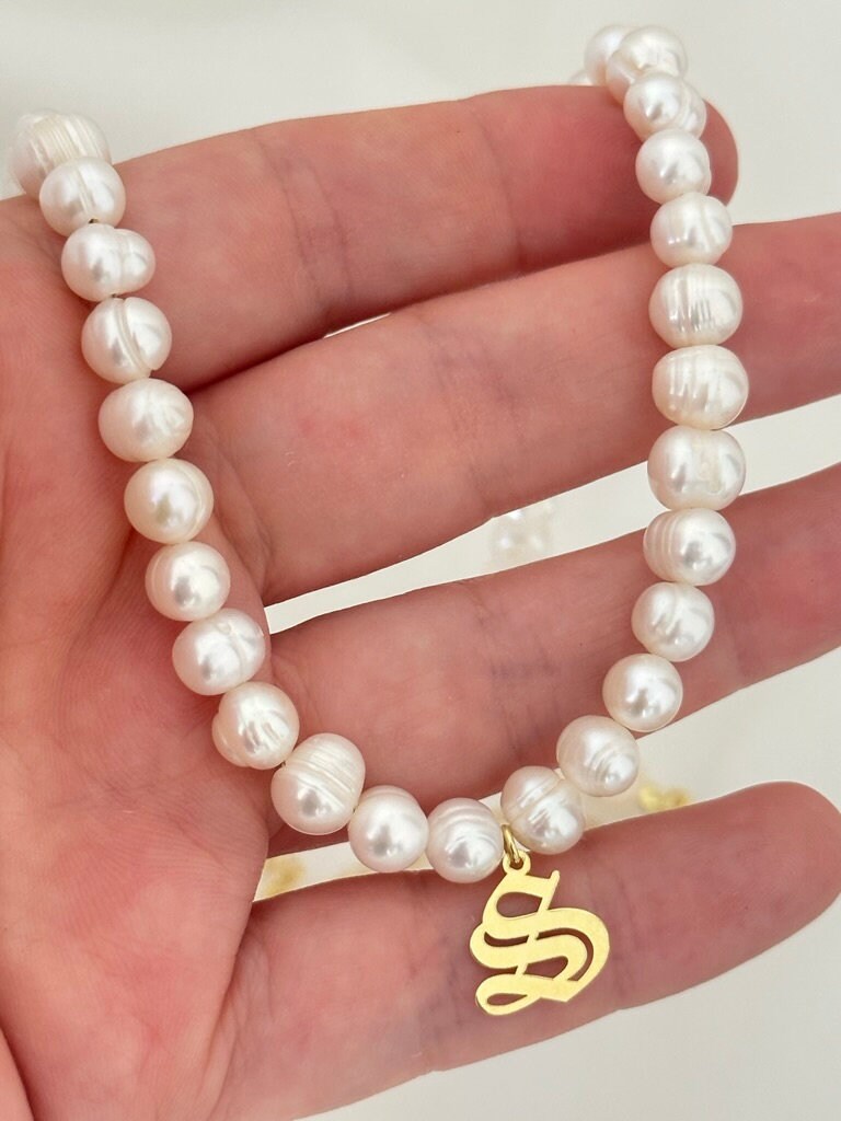Personalized Initial Pearl Necklace, Old English Initial Necklace, Custom Pearl Necklace, Personalized Gifts, Initial Jewelry, 925  Silver