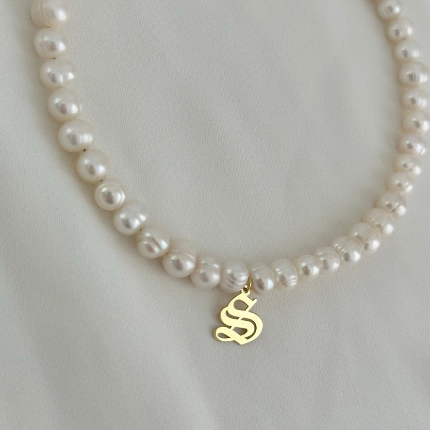 Personalized Initial Pearl Necklace, Old English Initial Necklace, Custom Pearl Necklace, Personalized Gifts, Initial Jewelry, 925  Silver