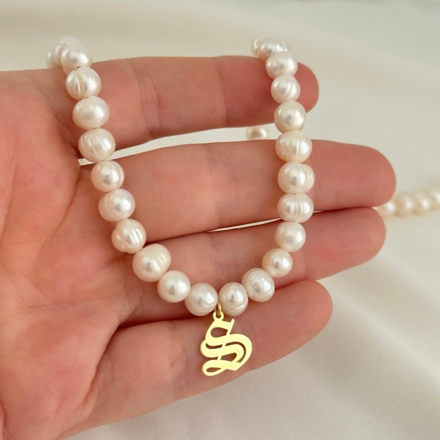 Personalized Initial Pearl Necklace, Old English Initial Necklace, Custom Pearl Necklace, Personalized Gifts, Initial Jewelry, 925  Silver
