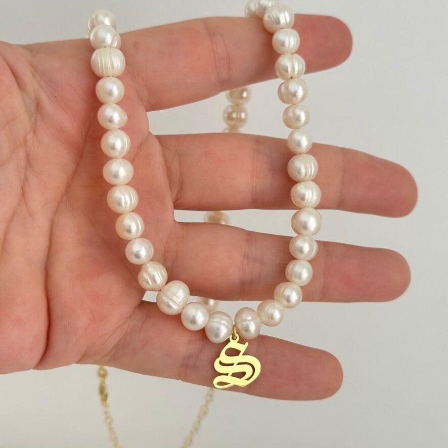 Personalized Initial Pearl Necklace, Old English Initial Necklace, Custom Pearl Necklace, Personalized Gifts, Initial Jewelry, 925  Silver