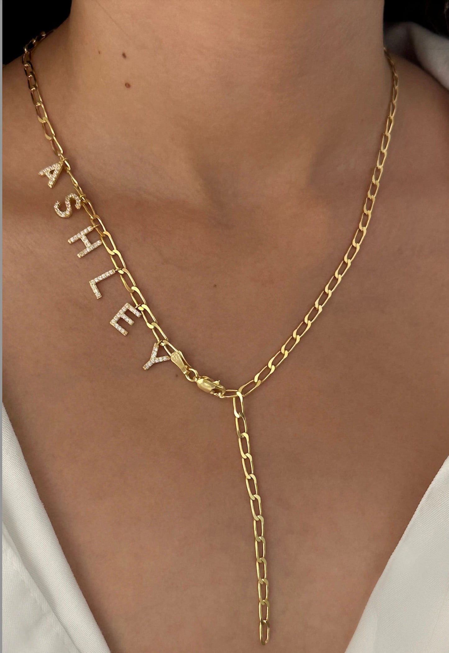 Personalized Lariat Name Necklace with Paperclip Chain, Lariat Necklace in Gold, Custom Name Necklace, CZ Stone Dangle Letter, Drop Necklace