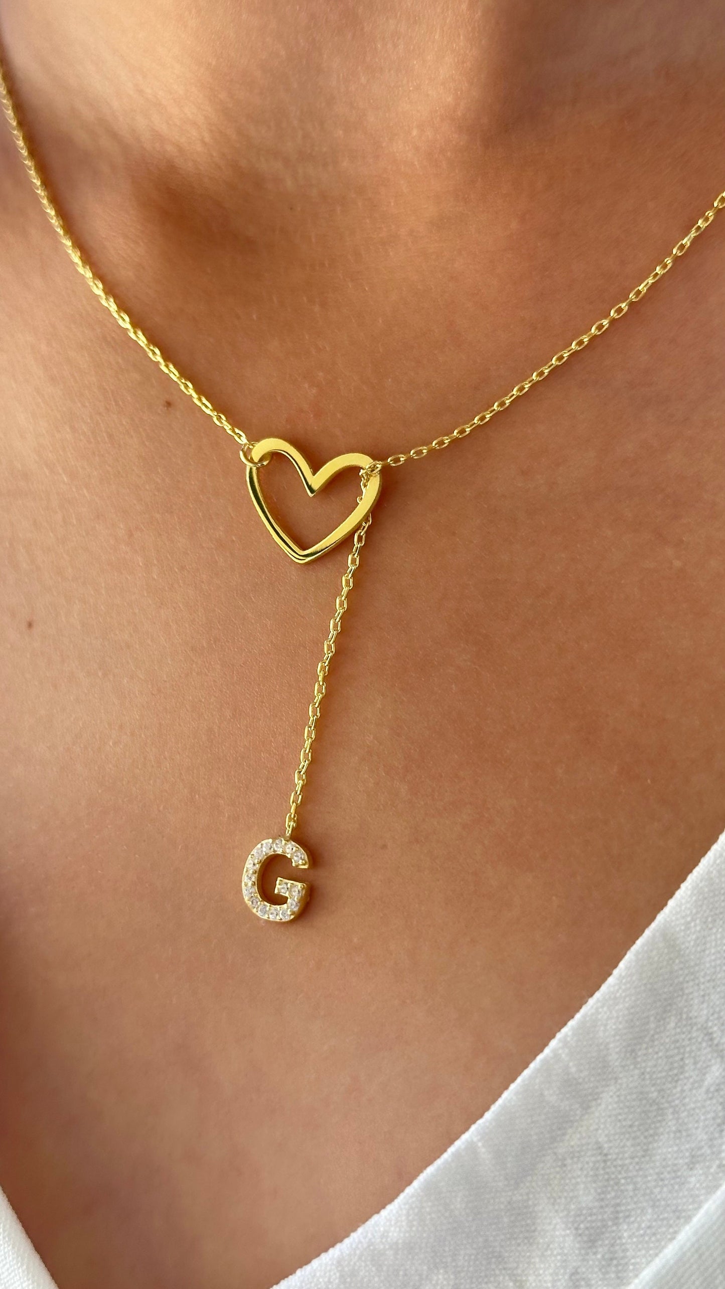 Initial Heart Lariat Necklace, Personalized Y Initial Heart, Lariat Y Necklace, CZ Stone Dangle Letter, Initial Drop Chain,Personalized Gift