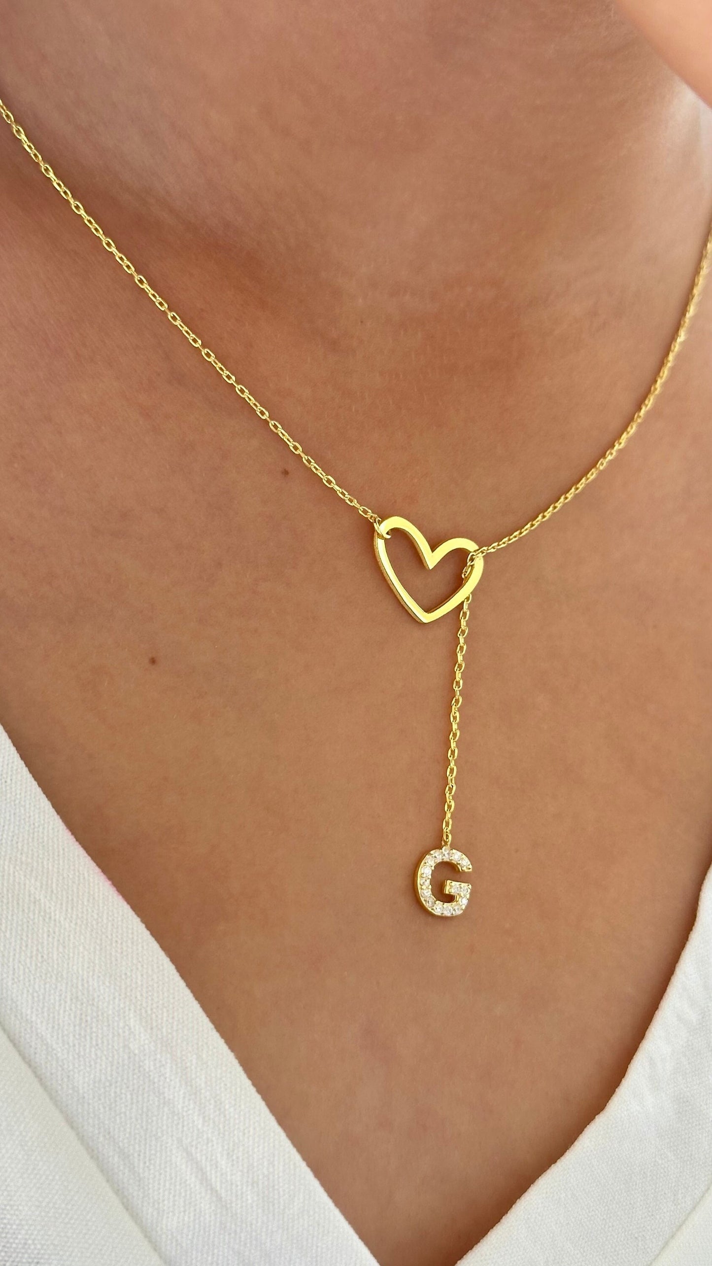 Initial Heart Lariat Necklace, Personalized Y Initial Heart, Lariat Y Necklace, CZ Stone Dangle Letter, Initial Drop Chain,Personalized Gift