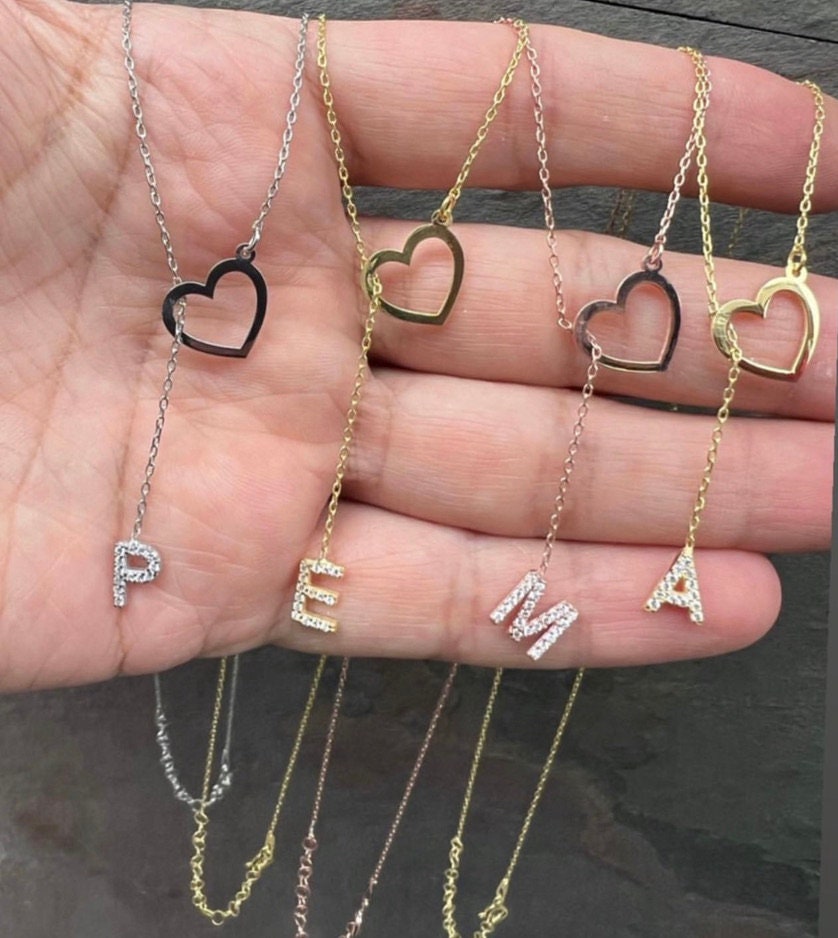 Initial Heart Lariat Necklace, Personalized Y Initial Heart, Lariat Y Necklace, CZ Stone Dangle Letter, Initial Drop Chain,Personalized Gift
