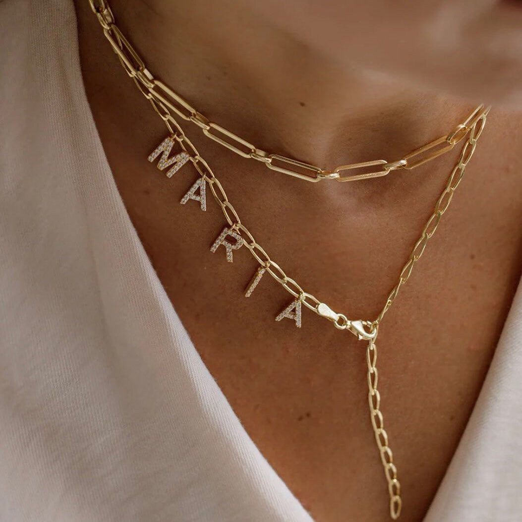 Personalized Lariat Name Necklace with Paperclip Chain, Lariat Necklace in Gold, Custom Name Necklace, CZ Stone Dangle Letter, Drop Necklace