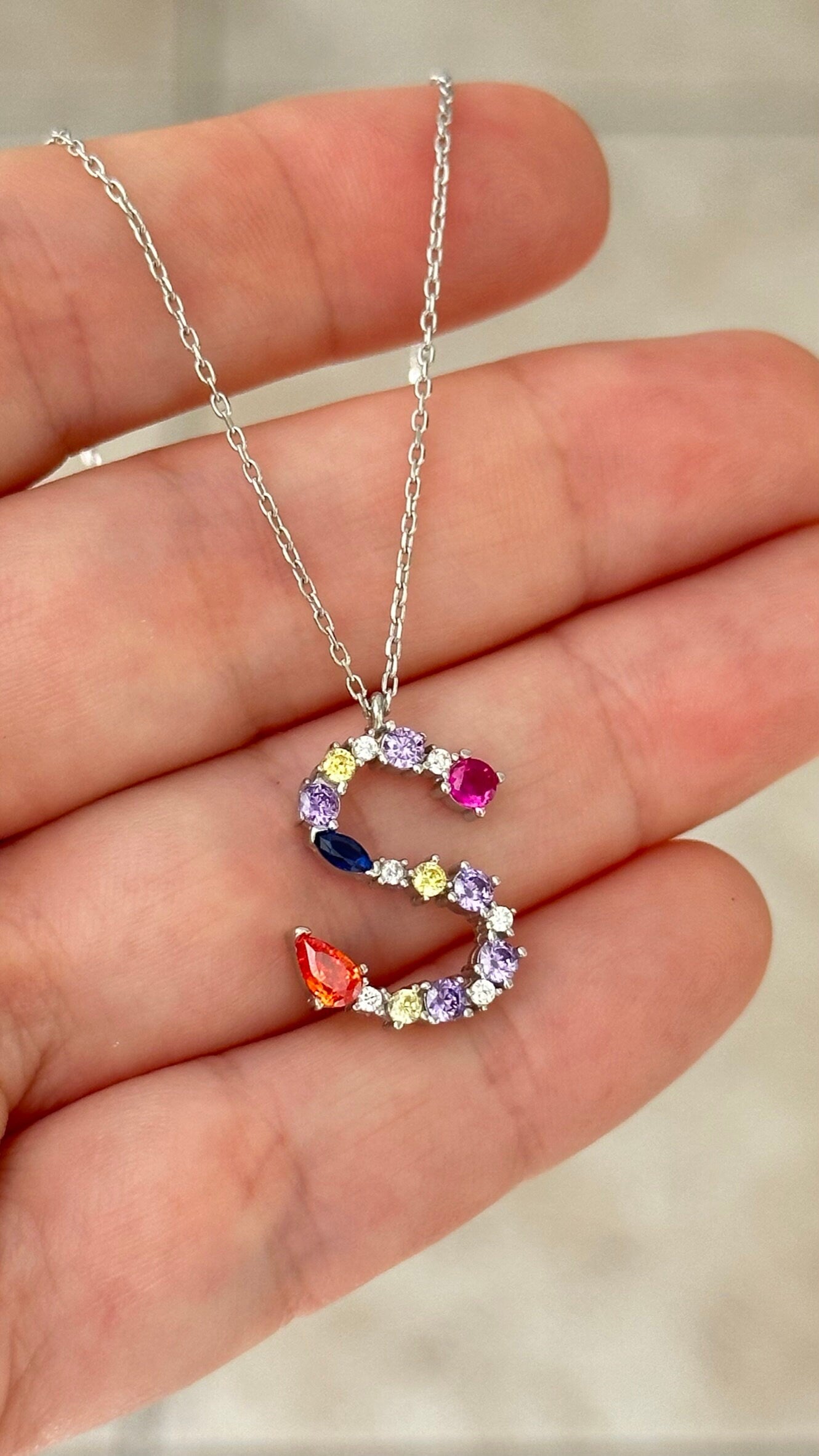 Big Letter Necklace, Large Initial Pendant Necklace, CZ Gemstone, Personalized Gifts, Layering Necklace, Statement Necklace, Letter Jewelry