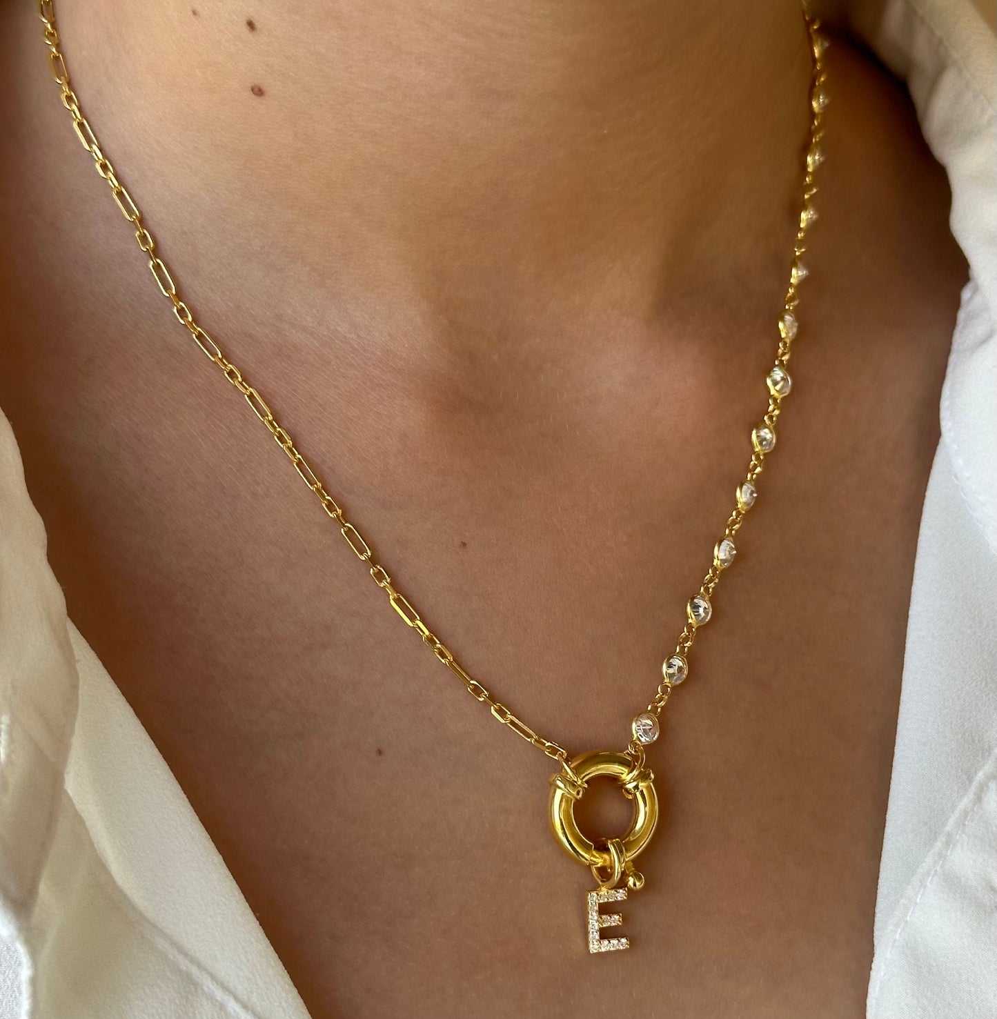 Initial Necklace Toggle Clasp, Personalized Pave letter Necklace, Half Link Chain Necklace, Personalized Gift, Initial Jewelry, Mother's Day