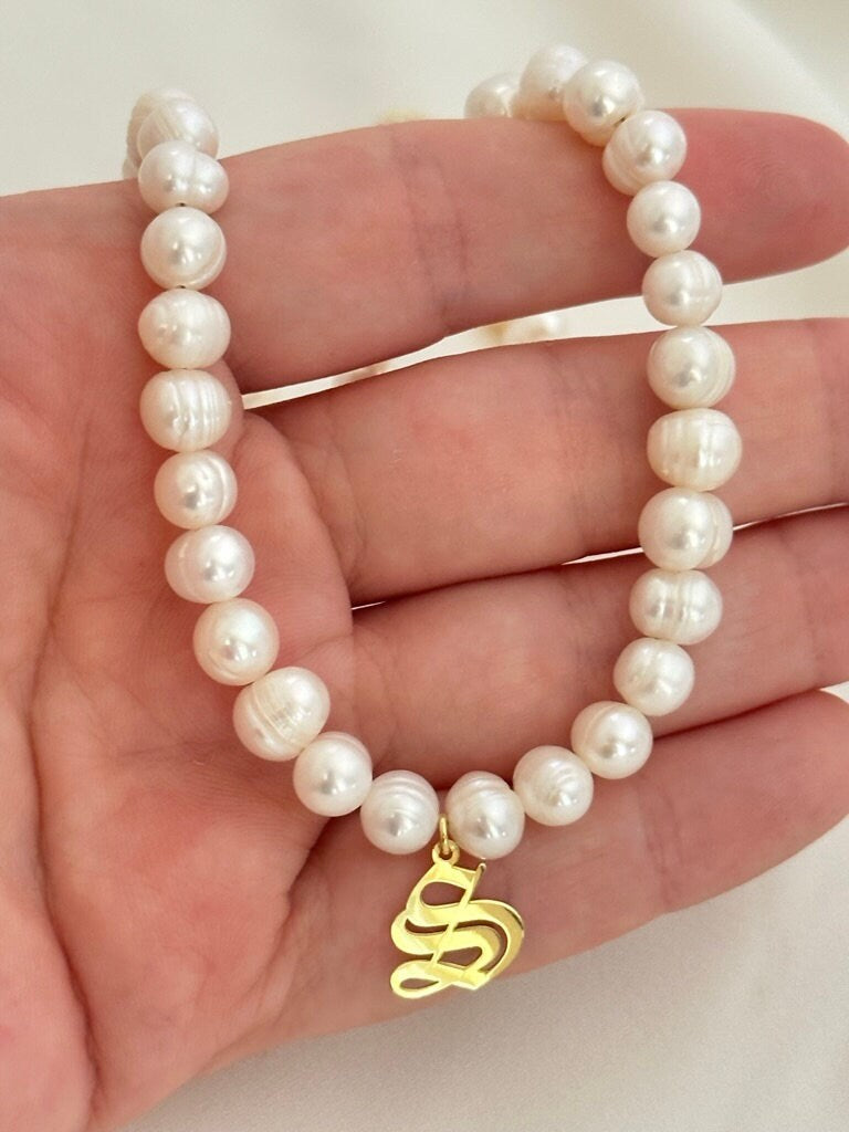 Personalized Initial Pearl Necklace, Old English Initial Necklace, Custom Pearl Necklace, Personalized Gifts, Initial Jewelry, 925  Silver