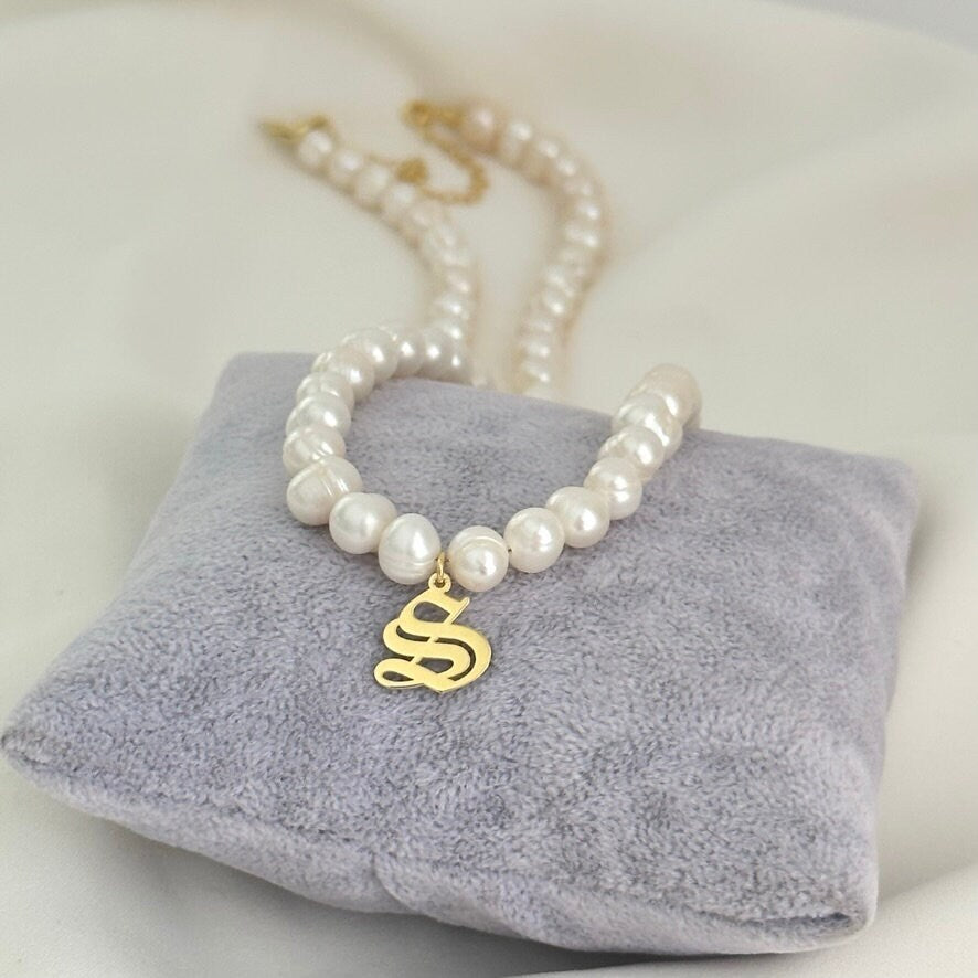 Personalized Initial Pearl Necklace, Old English Initial Necklace, Custom Pearl Necklace, Personalized Gifts, Initial Jewelry, 925  Silver