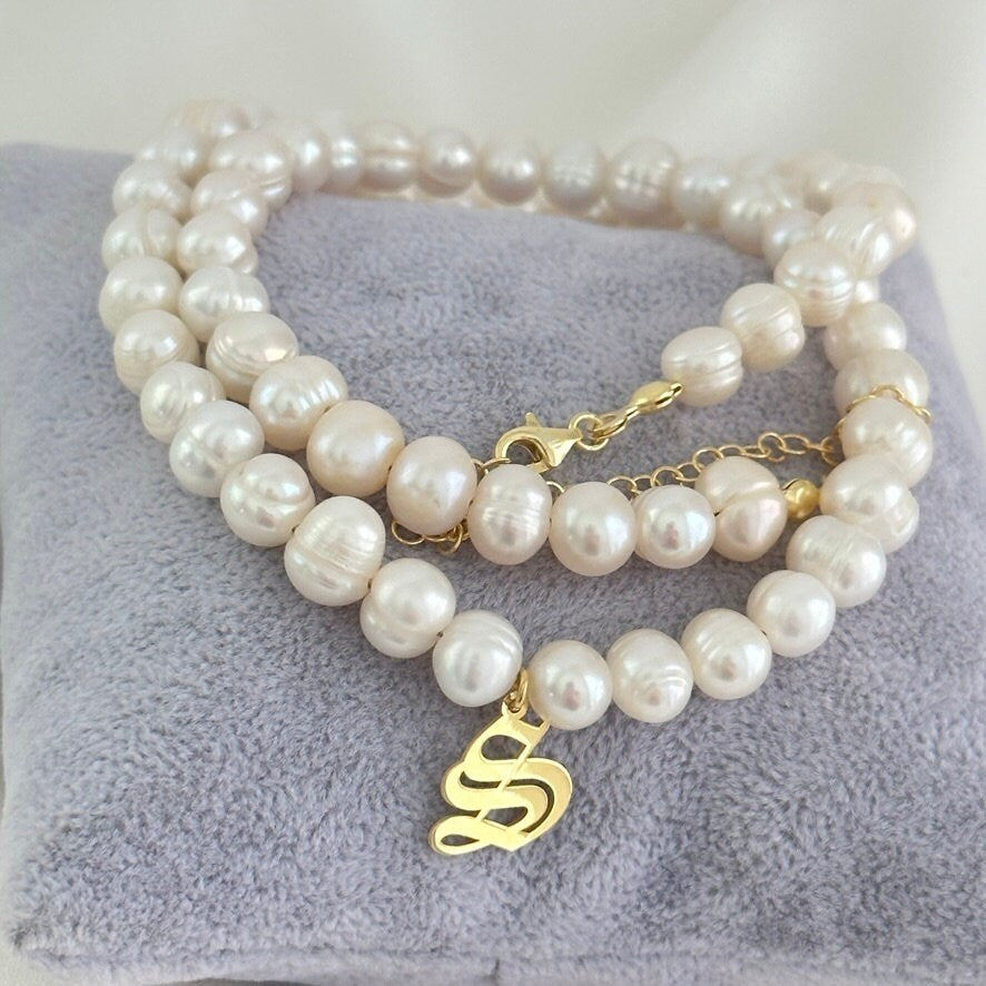 Personalized Initial Pearl Necklace, Old English Initial Necklace, Custom Pearl Necklace, Personalized Gifts, Initial Jewelry, 925  Silver