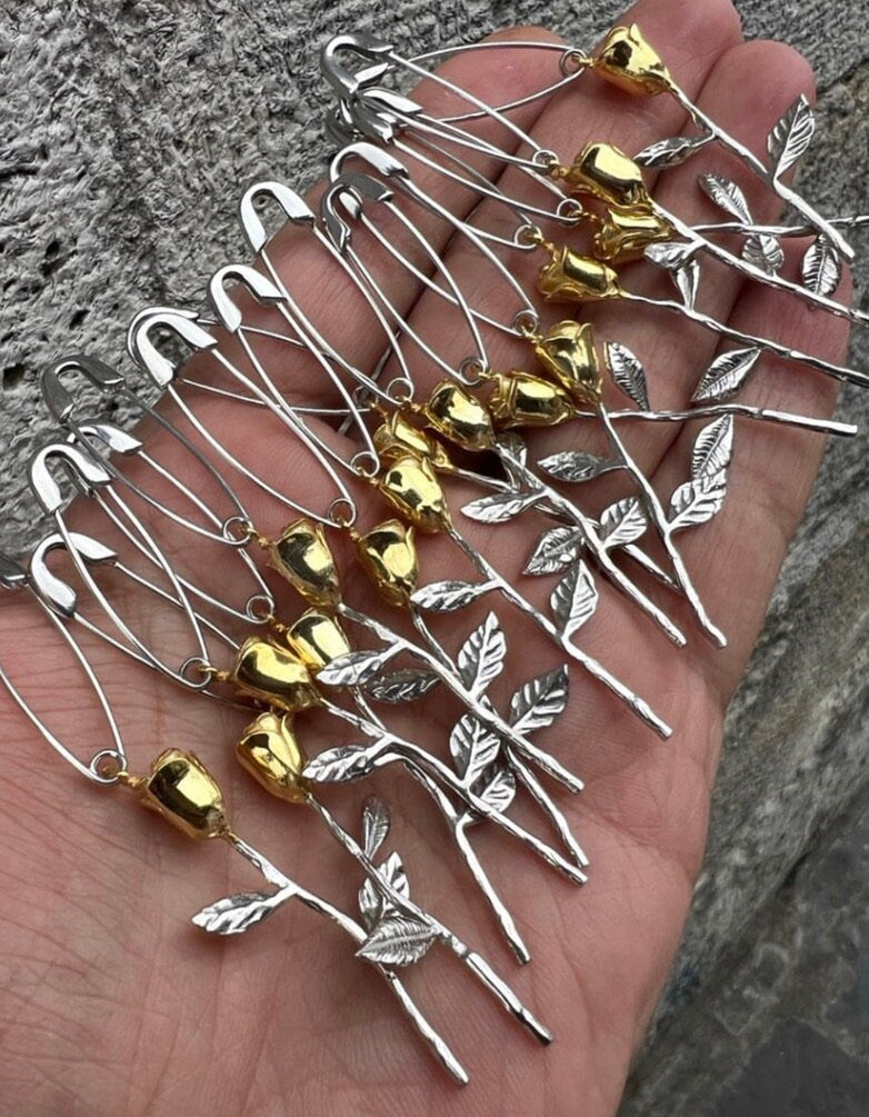 Single Rose earrings, Pin Drop Earrings, Safety Pin Earrings, Pave Safety Pin Jewelry, Unique Earrings, Modern Geometric Earrings, Gift Her