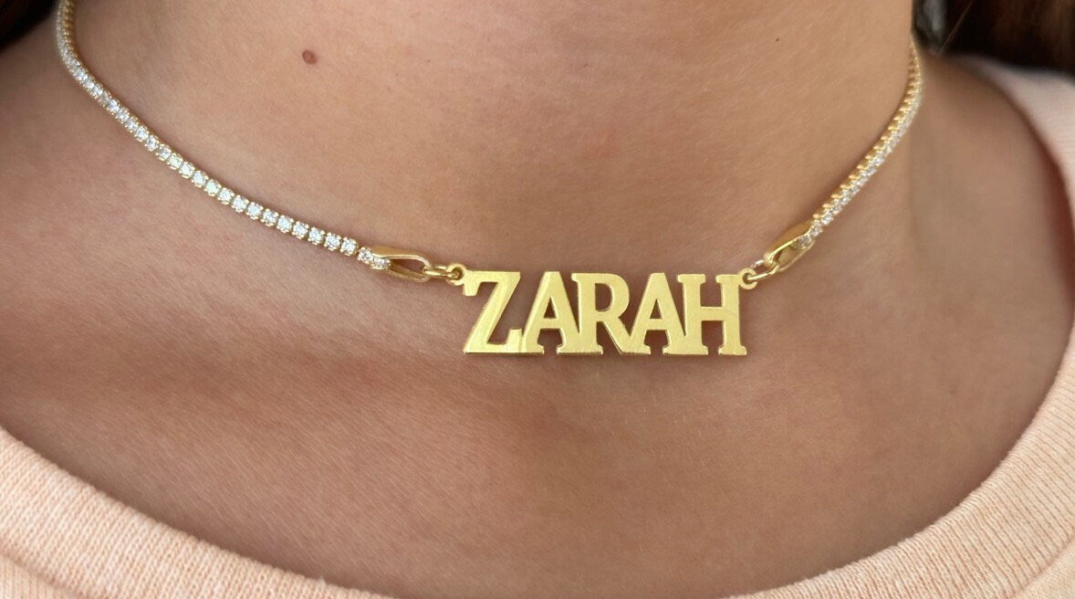 Personalized Tennis Name Necklace, Custom Tennis Name Choker Necklace, Personalized CZ Nameplate Necklace Personalize gift her, 925 Silver