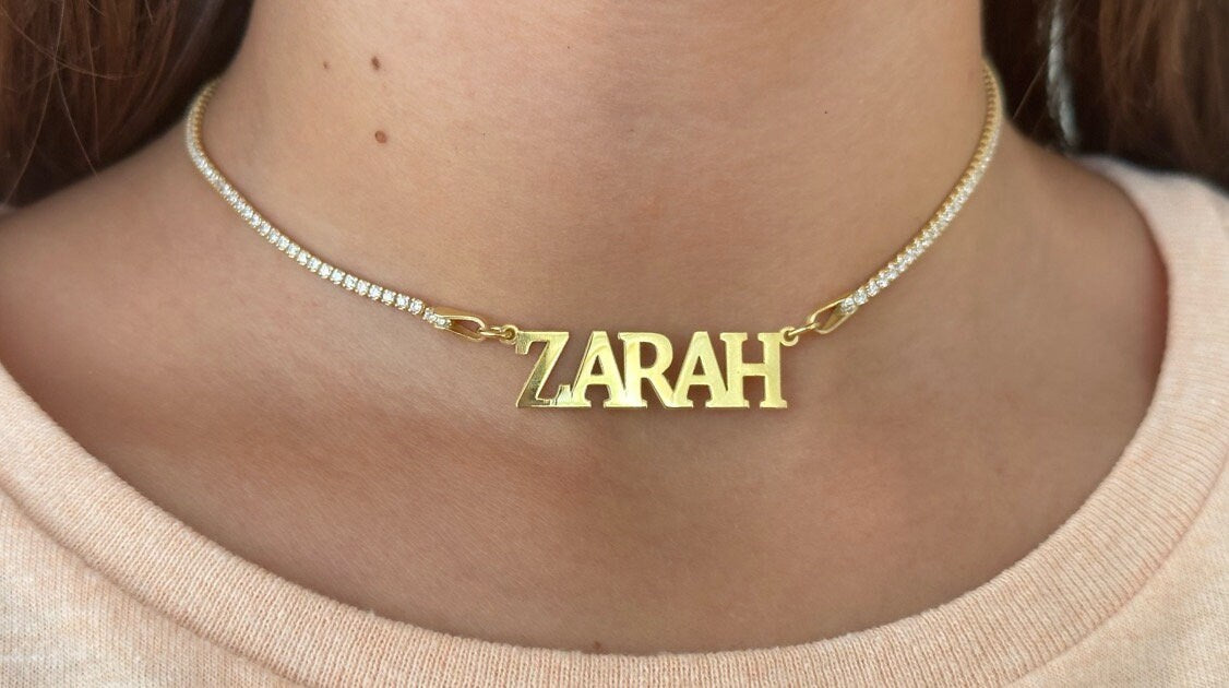 Personalized Tennis Name Necklace, Custom Tennis Name Choker Necklace, Personalized CZ Nameplate Necklace Personalize gift her, 925 Silver