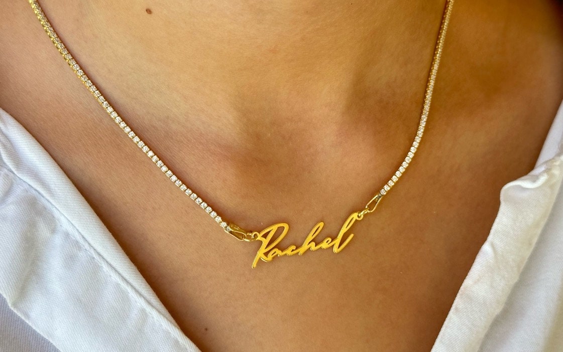 Personalized Tennis Name Necklace, Diamond Chain Name Necklace, Custom Tennis Choker, CZ Nameplate Necklace Personalize gift her, 925 Silver