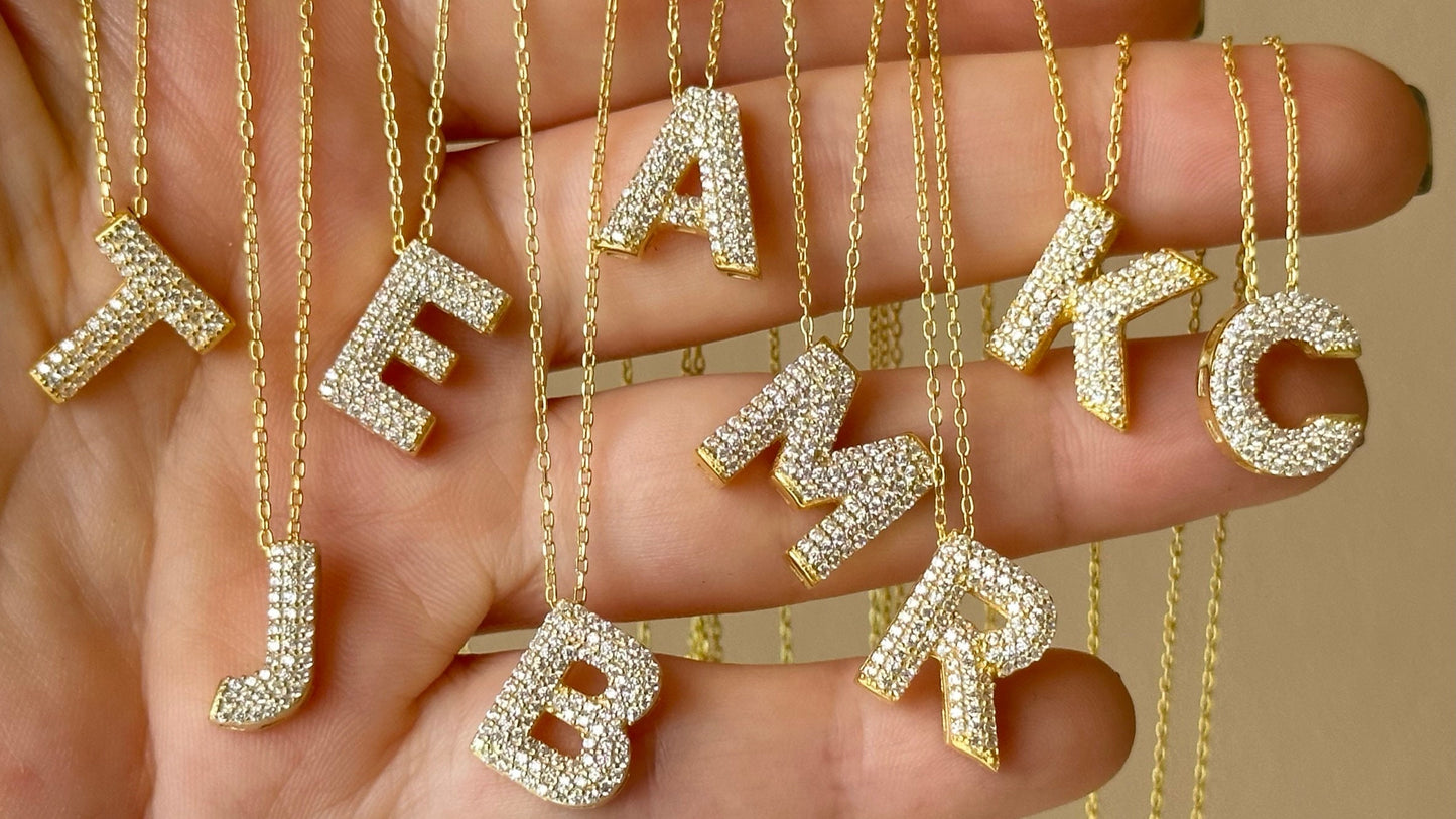 Bubble Letter Necklace Women, Initial CZ Diamond Pendant Necklace, Custom Balloon Letter Gold Necklace 14K Gold Plated Personalized Jewelry Gift Girls 925 Sterling Silver