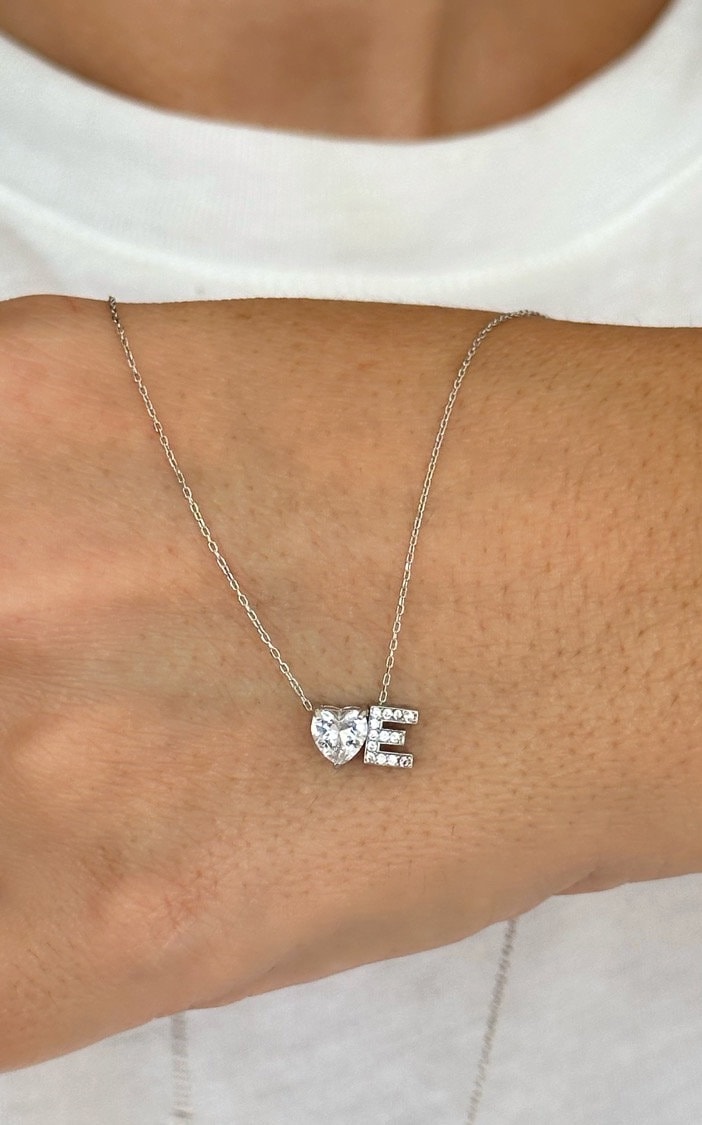 Diamond Initial Heart Necklace, Pave Initial Necklace, Tint Letter Necklace, Princess Necklace, Personalized Jewelry, Custom Gift for Her