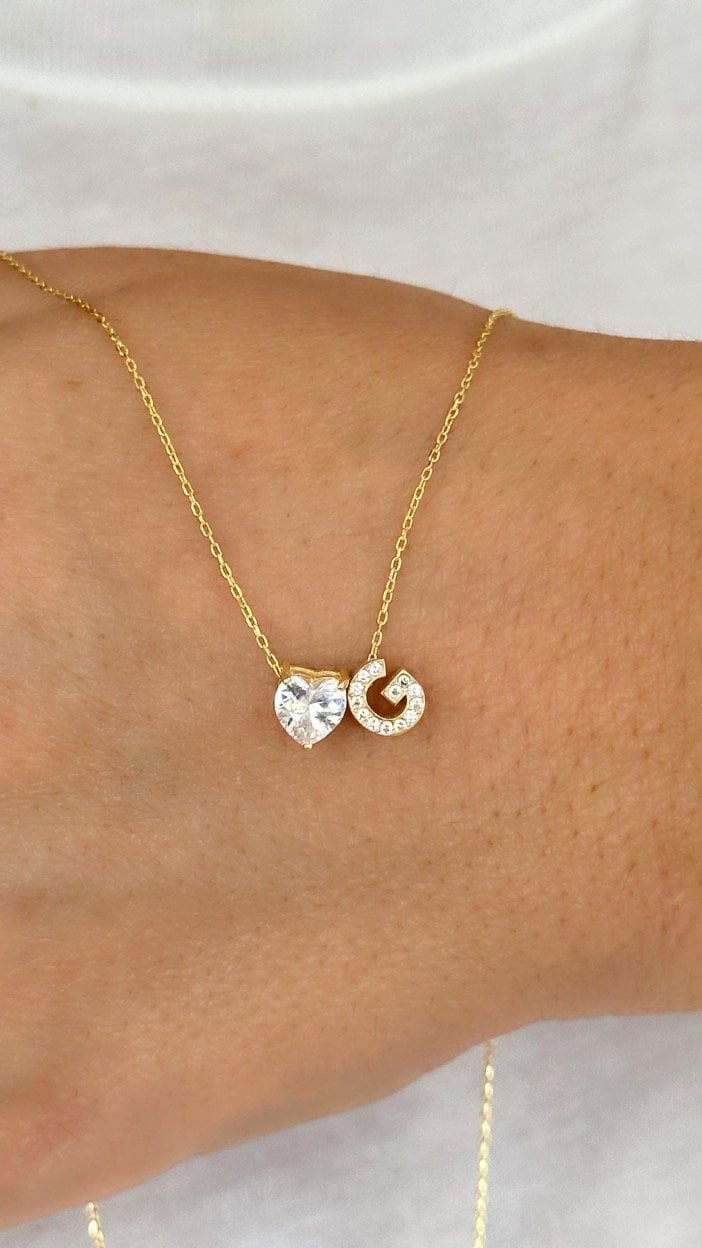 Diamond Initial Heart Necklace, Pave Initial Necklace, Tint Letter Necklace, Princess Necklace, Personalized Jewelry, Custom Gift for Her