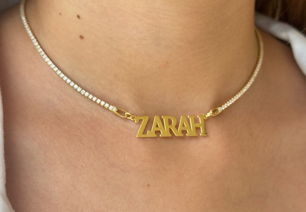 Personalized Tennis Name Necklace, Custom Tennis Name Choker Necklace, Personalized CZ Nameplate Necklace Personalize gift her, 925 Silver