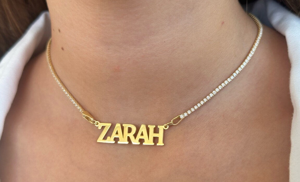 Personalized Tennis Name Necklace, Custom Tennis Name Choker Necklace, Personalized CZ Nameplate Necklace Personalize gift her, 925 Silver