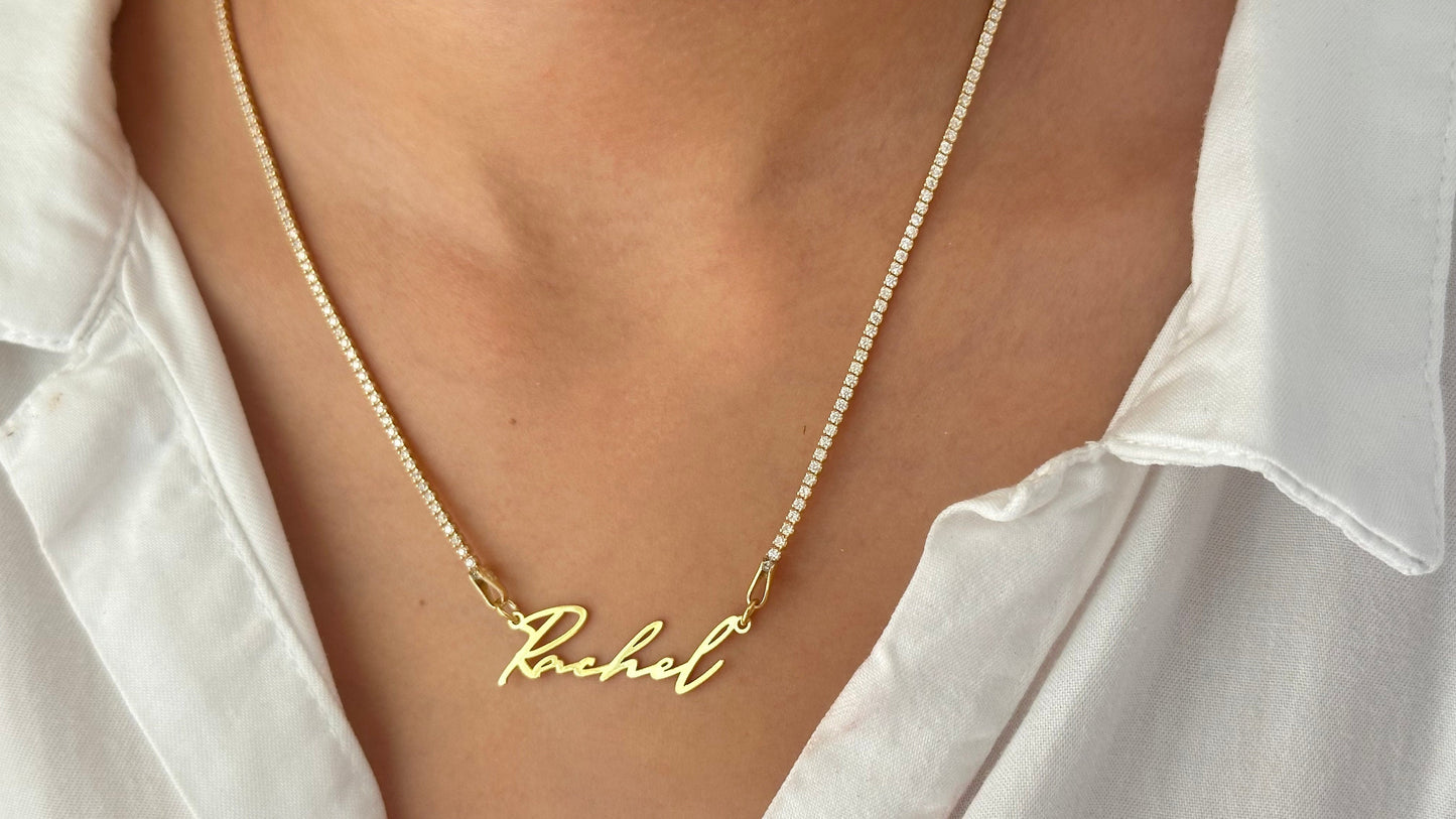 Personalized Tennis Name Necklace, Diamond Chain Name Necklace, Custom Tennis Choker, CZ Nameplate Necklace Personalize gift her, 925 Silver