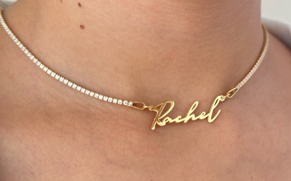 Personalized Tennis Name Necklace, Diamond Chain Name Necklace, Custom Tennis Choker, CZ Nameplate Necklace Personalize gift her, 925 Silver
