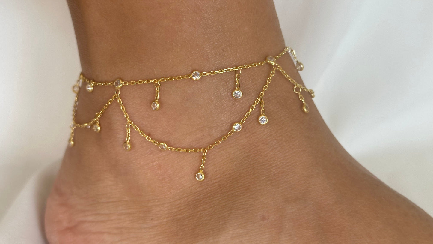Dangle CZ Stone Anklet, Crystal Diamond Anklet, Dangle Gemstone Anklet, Summer gift, Beach Jewelry, 14K Rose gold Anklet, Ankle Bracelet