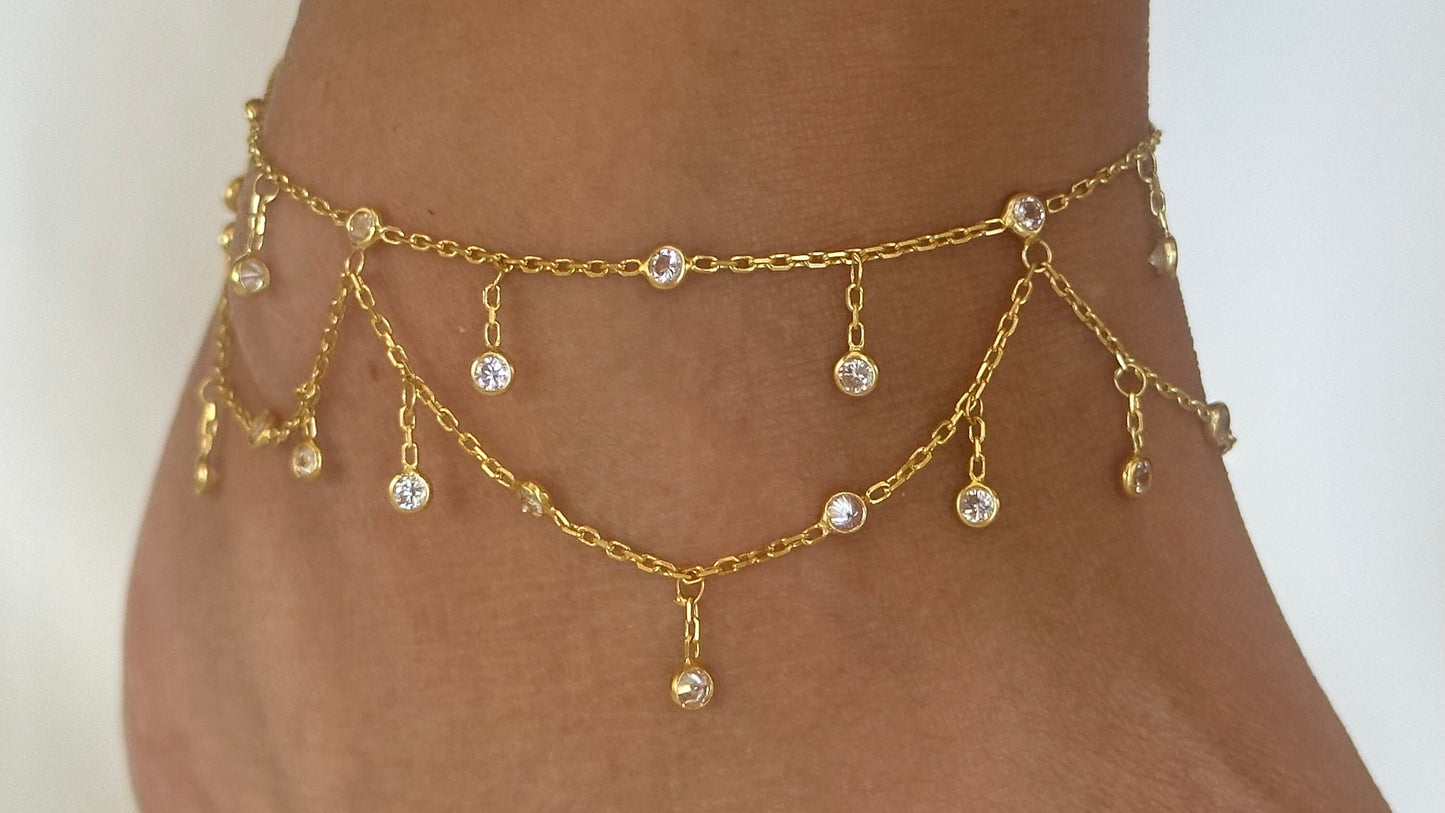 Dangle CZ Stone Anklet, Crystal Diamond Anklet, Dangle Gemstone Anklet, Summer gift, Beach Jewelry, 14K Rose gold Anklet, Ankle Bracelet
