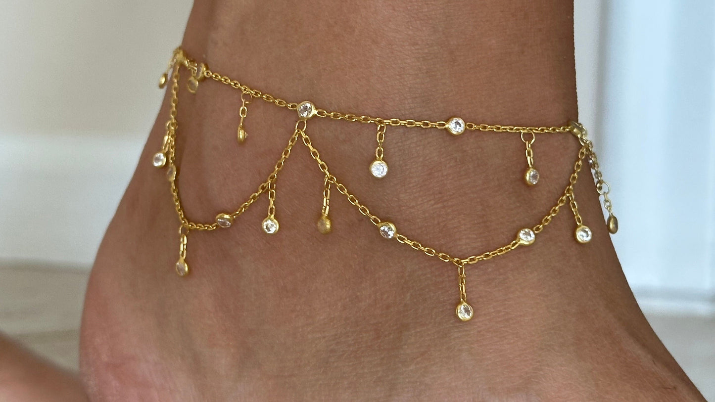 Dangle CZ Stone Anklet, Crystal Diamond Anklet, Dangle Gemstone Anklet, Summer gift, Beach Jewelry, 14K Rose gold Anklet, Ankle Bracelet