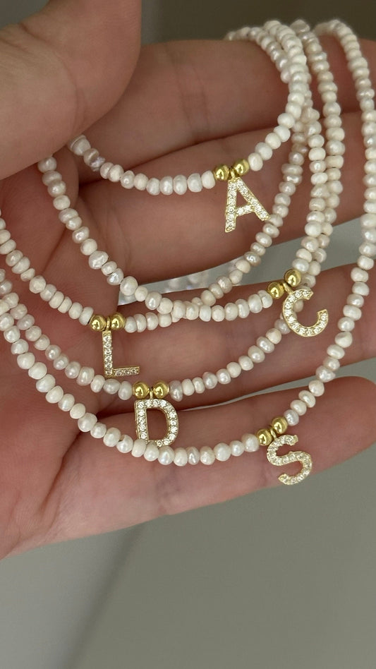 Pearl Initial Letter Necklace Personalized Baby Baroque Pearl Small Pearl Letter Charm Necklace Choker CZ Initials Custom Name Necklace