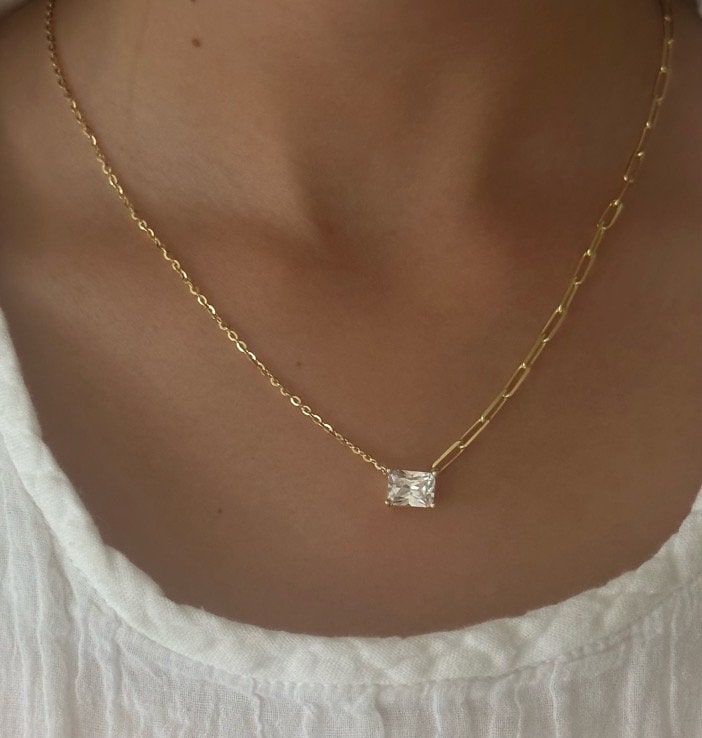 Baguette Necklace Crystal Diamond Shiny Zirconia Rectangle Stone Emerald Cut Pendant Necklace Layering Gift for her Baguette Jewelry 925