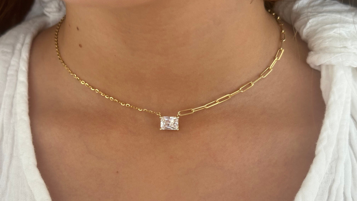Baguette Necklace Crystal Diamond Shiny Zirconia Rectangle Stone Emerald Cut Pendant Necklace Layering Gift for her Baguette Jewelry 925