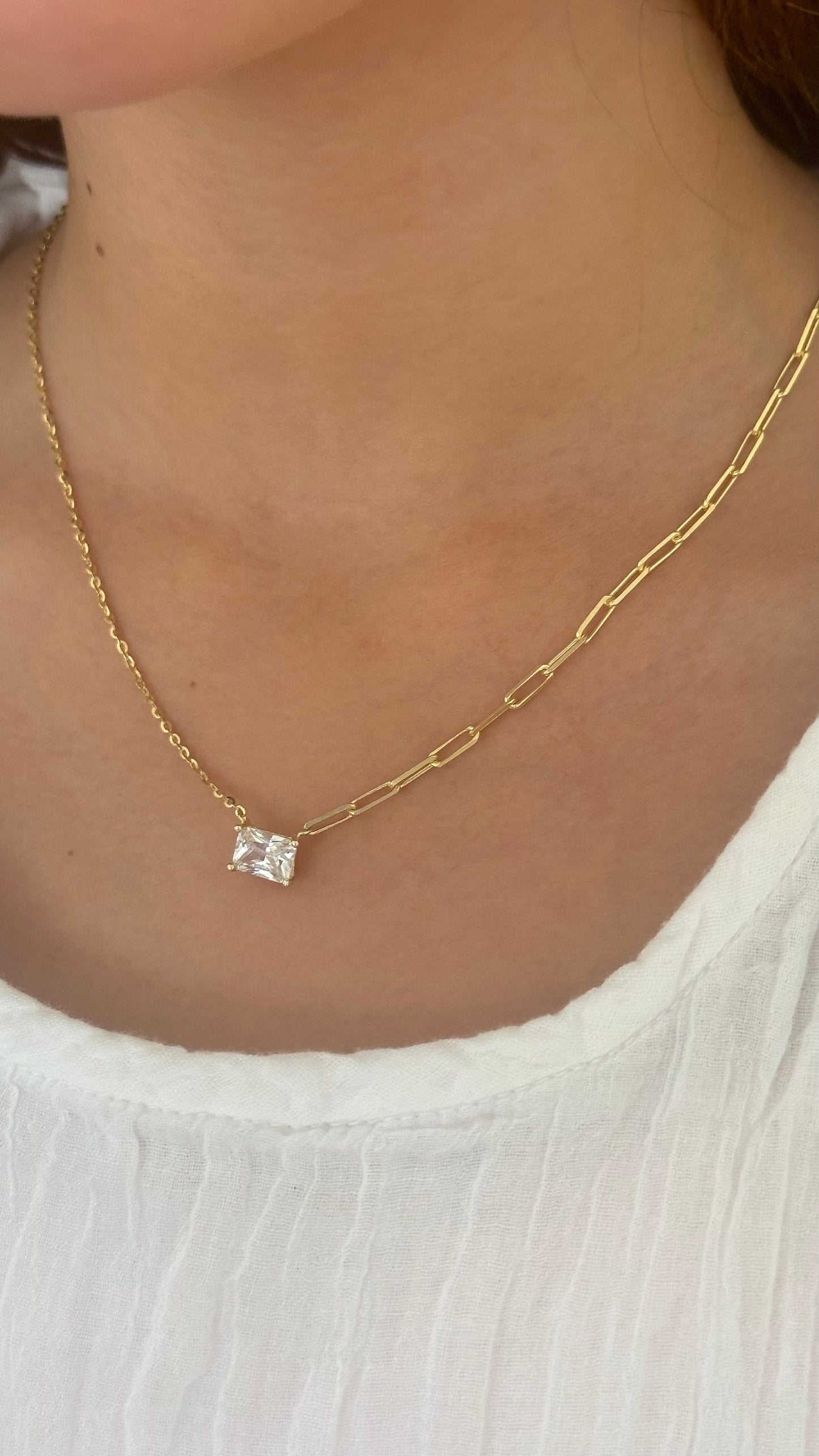Baguette Necklace Crystal Diamond Shiny Zirconia Rectangle Stone Emerald Cut Pendant Necklace Layering Gift for her Baguette Jewelry 925