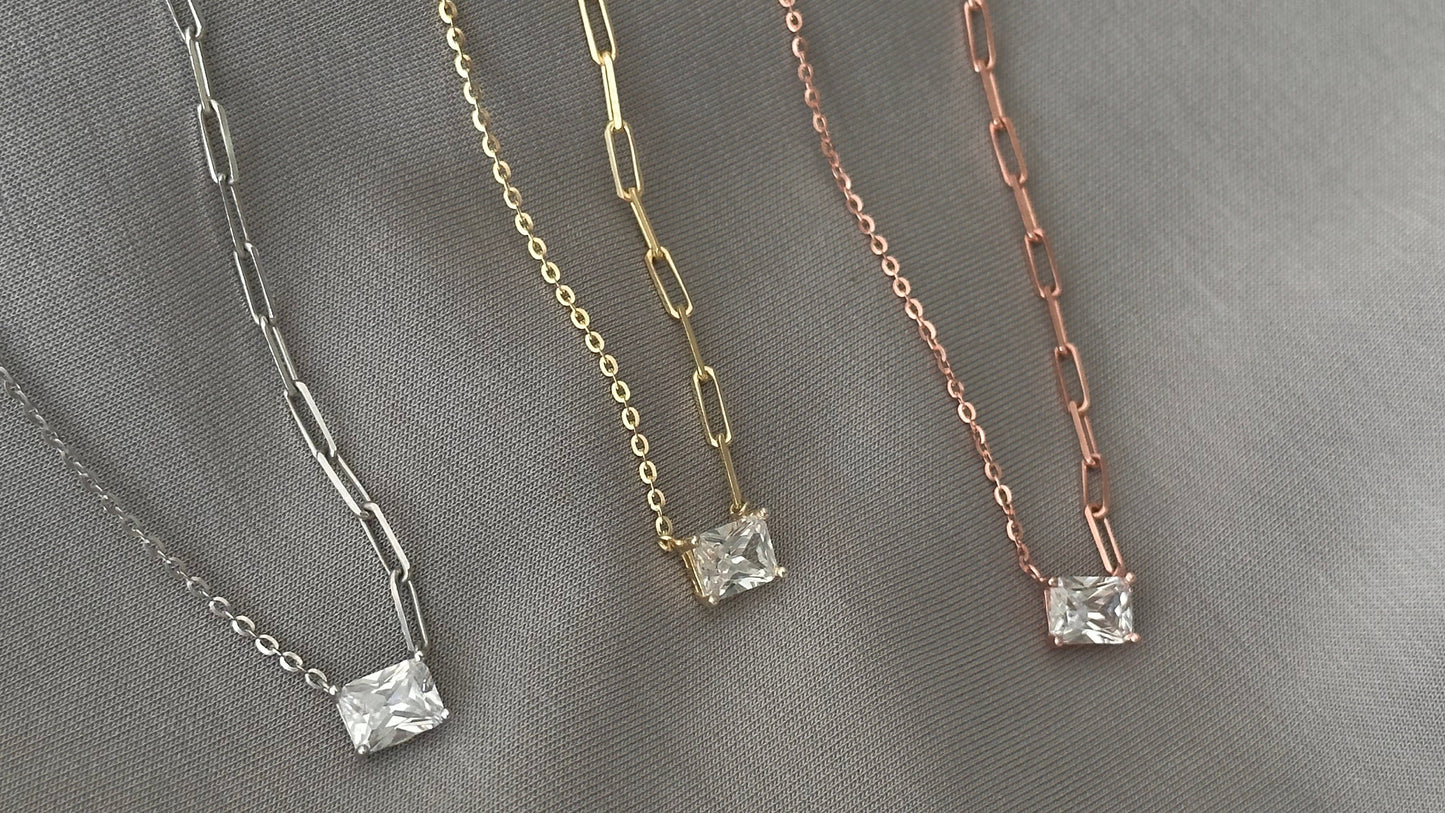 Baguette Necklace Crystal Diamond Shiny Zirconia Rectangle Stone Emerald Cut Pendant Necklace Layering Gift for her Baguette Jewelry 925