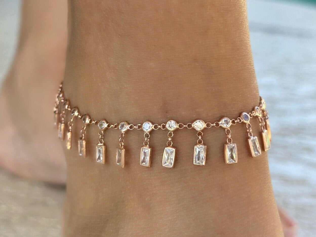 Dangle CZ Stone Anklet, Crystal Diamond Anklet, Dangle Gemstone Anklet, Summer gift, Beach Jewelry, 14K Rose gold Anklet, 925 Silver