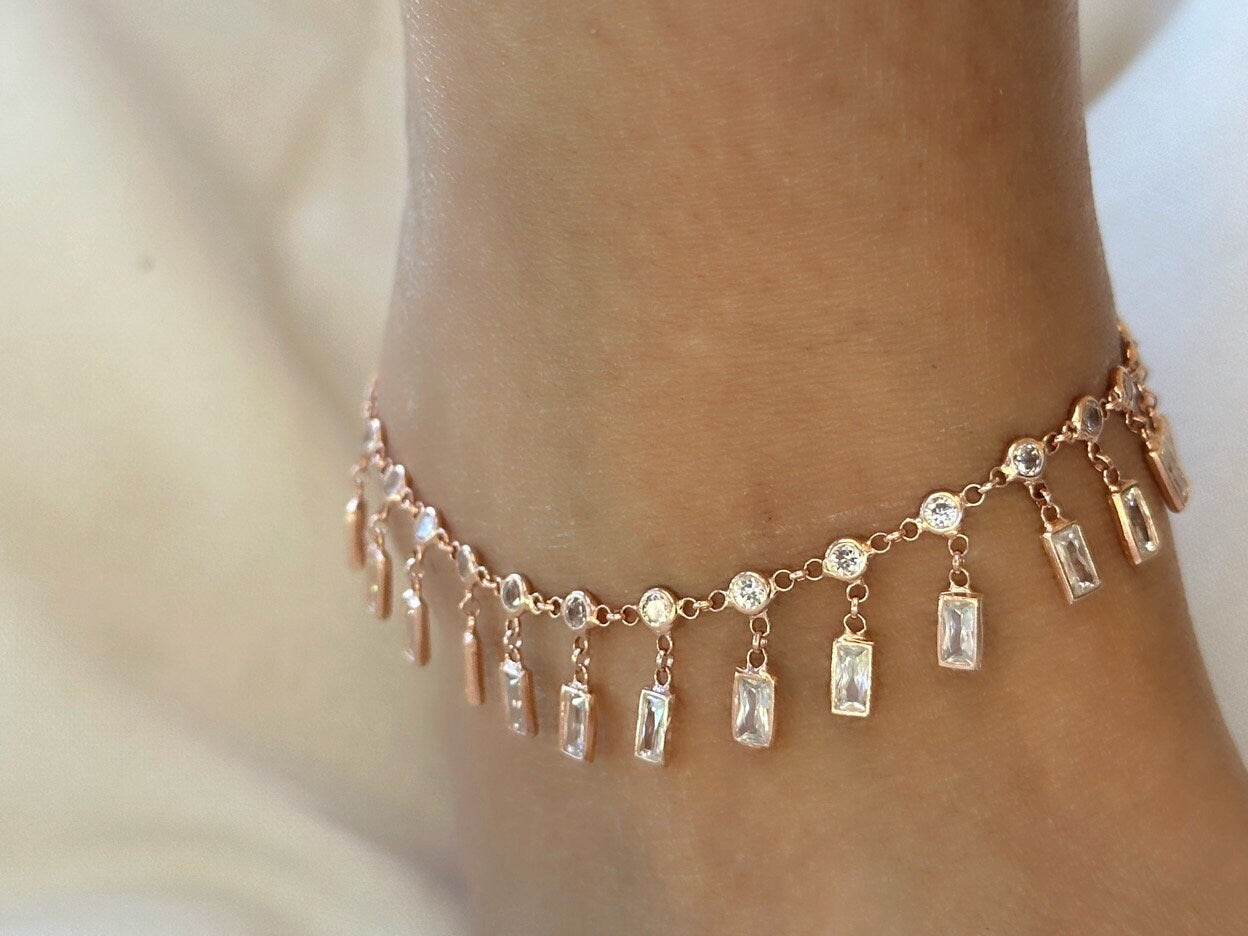 Dangle CZ Stone Anklet, Crystal Diamond Anklet, Dangle Gemstone Anklet, Summer gift, Beach Jewelry, 14K Rose gold Anklet, 925 Silver