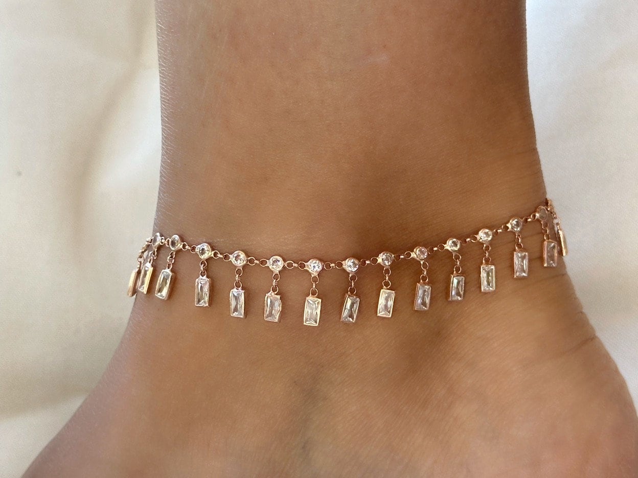 Dangle CZ Stone Anklet, Crystal Diamond Anklet, Dangle Gemstone Anklet, Summer gift, Beach Jewelry, 14K Rose gold Anklet, 925 Silver
