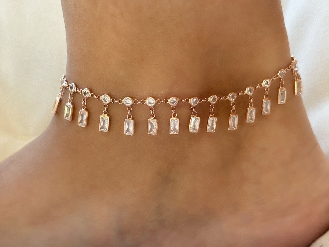 Dangle CZ Stone Anklet, Crystal Diamond Anklet, Dangle Gemstone Anklet, Summer gift, Beach Jewelry, 14K Rose gold Anklet, 925 Silver