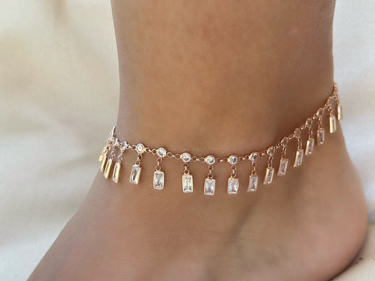Dangle CZ Stone Anklet, Crystal Diamond Anklet, Dangle Gemstone Anklet, Summer gift, Beach Jewelry, 14K Rose gold Anklet, 925 Silver