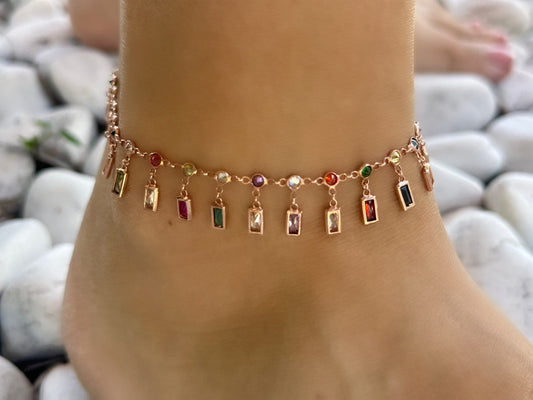Dangle CZ Stone Anklet, Crystal Diamond Anklet, Dangle Gemstone Anklet, Summer gift, Beach Jewelry, 14K Rose gold Anklet, Ankle Bracelet